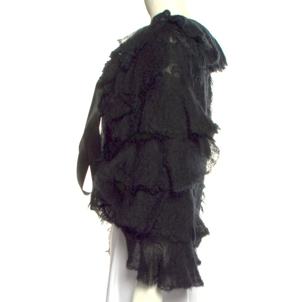 2009 CHANEL 09A Gossamer Mohair Knit Ruffled Fantasy Evening Jacket Black FR-38